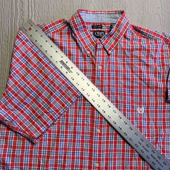 Chaps Red Blue Plaid Button Up Shirt Men's Size 2XT Short Sleeve Crest Easy Care - Picture 10 of 11